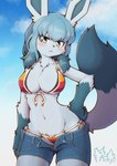 anthro big_breasts bikini blue_body blue_eyes blue_fur blue_hair blush bottomwear breasts chest_tuft cleavage clothed clothing collarbone crotch_tuft cutoffs denim denim_bottomwear denim_clothing dipstick_tail eyebrows eyelashes female front-tie_bikini front-tie_clothing front-tie_swimwear fur gloves_(marking) hair hand_on_hip looking_at_viewer markings navel o-ring o-ring_bikini o-ring_bikini_bottom o-ring_bikini_top o-ring_swimwear open_shorts shorts side-tie_bikini side-tie_clothing side-tie_swimwear solo string_bikini swimwear tail tail_markings tuft two-piece_swimsuit unbuttoned_bottomwear acky05 nintendo pokemon eeveelution generation_4_pokemon glaceon pokemon_(species) 2024 hi_res