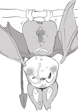 anthro anus balls blush bodily_fluids cum cum_on_face cum_on_self erection genital_fluids genitals kemono male penis solo spade_tail tail upside_down wings kurimo_jinguy bat mammal hi_res