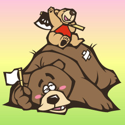 anthro axe band-aid bandage brown_body brown_fur brown_nose duo eyes_closed fur kemono lying male melee_weapon overweight overweight_male sitting weapon young young_anthro yamainudo bear mammal 1:1 2004 archived_source low_res