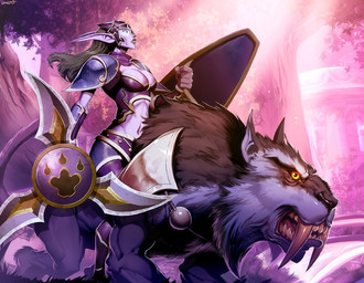 ambiguous_gender angry armor breasts brown_body brown_fur duo female feral fur green_hair hair headgear helmet holding_melee_weapon holding_object holding_shield holding_weapon melee_weapon navel open_mouth outside pauldron plant purple_body riding shield temple tree weapon genzoman blizzard_entertainment warcraft elf felid humanoid mammal night_elf prehistoric_species saber-toothed_tiger digital_media_(artwork) official_art
