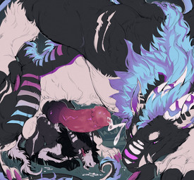 anthro anthro_on_anthro balls black_body black_fur blush bodily_fluids clenched_teeth cum cum_on_ground cumshot dominant duo ejaculation erection fluffy from_behind_position fur genital_fluids genitals grass horn knot knotted_penis larger_anthro larger_dom larger_male looking_back male male/male male_anthro mane mounting on_grass on_ground penis pink_penis plant purple_eyes sex size_difference smaller_anthro smaller_male teeth white_body white_fur na1su kasier_relkin thanris_(thanris) felkin sergal hi_res