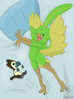 anthro beak bed feathers feet female furniture green_body green_feathers head_feathers markings navel one_eye_closed pillow plushie solo spread_wings stretching tail tail_feathers talons toes waking_up wings yellow_markings young antoreakk antoreakk_(character) ozone_(antoreakk) avian bird 3:4 absurd_res hi_res signature