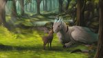 ambiguous_gender boop detailed_background duo feral fluffy folded_wings forest nose_boop plant pond size_difference tail tree waterfall wings vampi legend_of_ahya mythology llydia_the_fluff_dragon_(darkflamewolf) deer dragon mammal mythological_creature mythological_scalie scalie 16:9 hi_res widescreen female_(lore)