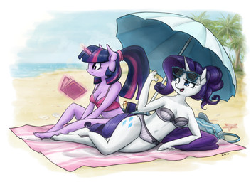 anthro bare_shoulders beach beach_parasol beach_towel bikini blue_eyes book border breasts cleavage clothed clothing duo eyewear female fur glowing glowing_horn hair highlights_(coloring) hoof_hands hooves horn lounging midriff palm_tree pink_highlights plant ponytail purple_body purple_eyes purple_fur purple_hair sea sitting sky smile strapless_bikini strapless_clothing strapless_swimwear sunglasses swimwear telekinesis thighs_together towel tree two-piece_swimsuit unguligrade water white_body white_border white_fur king-kakapo friendship_is_magic hasbro my_little_pony mythology rarity_(mlp) twilight_sparkle_(mlp) equid equine mammal mythological_creature mythological_equine unicorn 2016