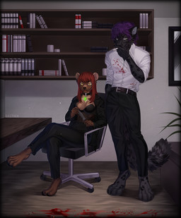 anthro black_body black_fur blood blood_on_clothing blood_splatter bodily_fluids breasts brown_hair clothed clothing detailed_background duo eyebrows eyelashes female fur hair male purple_hair sitting standing bastika bear felid leopard mammal pantherine 2023 digital_media_(artwork) hi_res