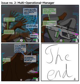 5_fingers ambiguous_gender anthro battery battery_life clothing cybernetic_arm cybernetic_eye cybernetic_foot cybernetic_leg cybernetic_limb cybernetics cyberpunk detailed_background dialogue digitigrade discussion facepalm feet fingers first_person_view fur grey_clothing gun hair hexagon_background hexagonal_grid hindpaw holding_object hologram holographic_screen hood humor jumpsuit leg_markings leg_pouch long_snout low_battery machine markings mask motion_lines multicolored_body multicolored_fur neon_lights neon_sign on_hind_legs paws purple_hair raining ranged_weapon redacted_text rifle sigh sign sitting snout solo speech_bubble text visual_humor waving_arms weapon zk-fur salvation_(zk-fur) canid canine mammal absurd_res comic hi_res