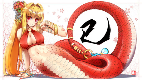 accessory apode armband bangle beads bikini blonde_hair bracelet breasts cleavage clothed clothing colored_nails ear_piercing facial_markings female flower flower_in_hair hair hair_accessory head_markings holidays humanoid_pointy_ears jewelry legless long_hair looking_at_viewer markings nails piercing plant pointy_ears ponytail red_eyes ring serpentine sharp_nails skimpy smile solo split_form swimwear tight_clothing two-piece_swimsuit amino_dopple new_year draconcopode humanoid lamia reptile scalie snake 16:9 2013 hi_res wallpaper widescreen