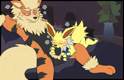 3_toes abs animal_genitalia anthro anthro_on_anthro balls black_balls black_body black_fur black_pawpads black_sheath blush duo eyes_closed feet fur genitals hand_on_balls larger_male male oral orange_body orange_ears orange_fur pawpads sheath size_difference teeth toes yellow_body yellow_ears yellow_fur graedius_(artist) nintendo pokemon jetta_the_jolteon arcanine canid canine eeveelution generation_1_pokemon jolteon mammal pokemon_(species)