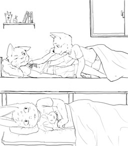 all_fours anthro anus bed blush book bottomwear breath buckteeth caressing clothing embarrassed eyebrows furniture group hand_on_chest inside looking_at_another looking_at_partner lying lying_on_bed male male/male midriff navel on_back on_bed on_side one_eye_closed pillow shorts teeth trio young young_anthro young_male nekotanyanneko canid canine canis domestic_dog lagomorph leporid mammal rabbit 2020 hi_res monochrome