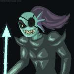 armor clothed clothing ear_fins eye_patch eyewear female fin hair melee_weapon polearm pupils simple_background slit_pupils solo spear weapon sulfurado undertale undertale_(series) undyne animal_humanoid fish fish_humanoid humanoid marine marine_humanoid monster 1:1