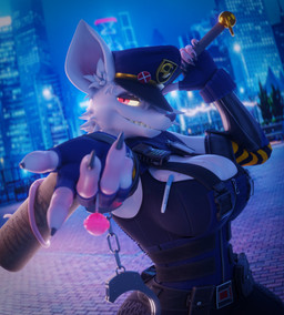 anthro badge baseball_bat bat_(object) belt big_breasts black_nails black_nose blurred_background bottomwear breasts candy city cityscape cleavage clothed clothing colored_nails cuff_(restraint) dessert eyelashes female fingerless_gloves food freckled_breasts freckled_face freckles fur gloves half-closed_eyes handcuffs handwear holding_baseball_bat holding_candy holding_food holding_lollipop holding_object huge_breasts inner_ear_fluff lollipop long_eyelashes looking_at_viewer metal_cuffs nails narrowed_eyes outside pants pink_eyes police police_hat police_uniform pouch_(clothing) restraints sharp_nails shirt smile solo straps tank_top teeth topwear tuft uniform vest white_body white_fur zipper vllrukkin warfaremachine_(modeler) officer_flint_(foresttherotten) mammal murid murine rat rodent 2026 3d_(artwork) absurd_res digital_media_(artwork) hi_res