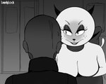 anthro black_ears black_eyebrows black_nose bodily_fluids bow_(feature) breasts cleavage clothed clothing door dress duo eyebrows eyelashes fangs female freckles glistening glistening_eyelids human_on_anthro imminent_sex inside interspecies leaning leaning_forward looking_at_another male mature_anthro mature_female narrowed_eyes neck_bow nervous nervous_sweat open_mouth open_smile prick_ears smile suggestive suggestive_look sweat teeth tongue topwear white_body lewdylock catober catober_2021 the_complex_adventures_of_eddie_puss mother_puss domestic_cat felid feline felis human mammal 2021 5:4 artist_name black_and_white digital_media_(artwork) hi_res monochrome