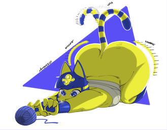 anthro arched_back ass_up ball_of_yarn big_butt blue_eyes blue_hair bottomless butt chest_wraps clothed clothing egyptian egyptian_clothing egyptian_headdress female hair shaking_butt solo tail tail_motion tailwag wraps yarn yellow_body atotekio animal_crossing nintendo ankha_(animal_crossing) domestic_cat felid feline felis mammal 2024 hi_res