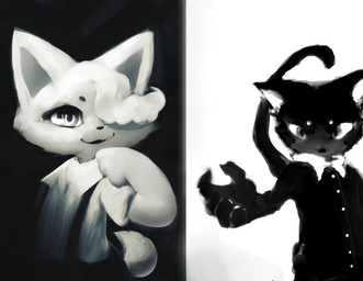 3_fingers 5_fingers ambiguous_gender anthro bangs black_background black_body black_eyebrows black_fur black_nose button_(fastener) choker circle_eyebrows clothed clothing duo eyebrows fingers fur hair hand_on_shoulder jewelry kemono male necklace one_eye_obstructed open_mouth pupils raised_arm simple_background suspenders white_background white_body white_fur hooki hazuki_mikami_(hasukii) canid canine mammal unknown_species character_request hi_res monochrome
