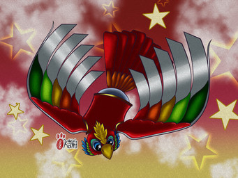 beak blade_wings blue_eyes cheek_tuft facial_tuft feathered_crest feathers female feral flying glistening glistening_eyes gradient_background head_crest looking_down multicolored_body multicolored_feathers rainbow_body rainbow_feathers red_body red_feathers simple_background solo spread_wings star tail tail_fan tail_feathers tuft white_body white_feathers wings yellow_beak akaiokami328 kirby_(series) kirby_super_star nintendo dyna_blade avian bird dyna_blade_(species) 4:3 digital_drawing_(artwork) digital_media_(artwork) signature