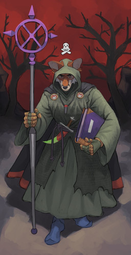 anthro book cape clothed clothing dagger detailed_background fully_clothed gloves handwear holding_object holding_staff looking_at_viewer magic_staff magic_user male melee_weapon plant robe solo staff standing tree weapon wilderness wizard_robe pelzidragon jagex runescape canid canine fox mammal full-length_portrait hi_res portrait shaded