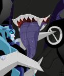 belly_mouth blue_eyes bodily_fluids drooling duo imminent_vore machine not_furry open_mouth saliva simple_background teeth vore hasbro takara_tomy transformers transformers:_animated_(2007) blurr cybertronian robot 5:6