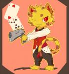 anthro arms_together biped card clothing clubs_(suit) ear_piercing eight_of_clubs extended_arms fur gun handgun heart_symbol hearts_(suit) holding_gun holding_handgun holding_object holding_ranged_weapon holding_weapon looking_at_viewer male one_eye_closed piercing playing_card ranged_weapon red_eyes simple_background solo standing straight_legs suit_symbol two_of_hearts weapon yellow_body yellow_fur aira_225 jewelpet sanrio sega sega_fave jasper_(jewelpet) cheetah felid feline mammal