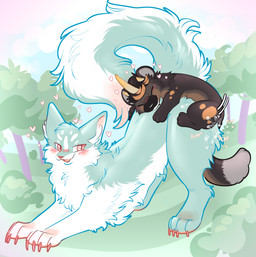 all_fours ambiguous_gender blush bodily_fluids cum dipstick_tail doggystyle duo feral fluffy from_behind_position fur genital_fluids heart_symbol markings nude onomatopoeia open_mouth perching_position plap sex size_difference small_top_big_bottom sound_effects tail tail_markings text pariahpuppy fabulous_beasts korwin maomaolei_(fabulous_beasts) absurd_res hi_res
