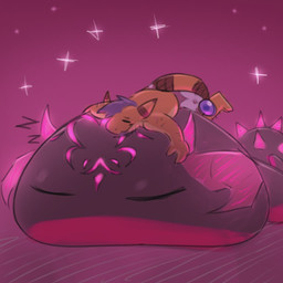 anthro black_body duo feral horn luster_slimes_queen magenta_body male male/male on_top romantic romantic_couple ruffleztheampharos size_difference sleeping slime spikeball_tail star suchlambada17 nintendo pokemon neeco_neecoola goo_creature pokemon_(species) 1:1