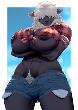 abs anthro arm_under_breasts big_breasts black_body black_fur bottomwear breasts clothing crossed_arms daisy_dukes denim denim_bottomwear denim_clothing denim_shorts female fur hair hair_over_eyes hotpants huge_breasts looking_at_viewer muscular muscular_anthro muscular_female neck_tuft pubes shirt shorts solo tied_shirt topwear tuft white_hair wool_(fur) amara_burrger bovid caprine domestic_sheep mammal sheep absurd_res hi_res