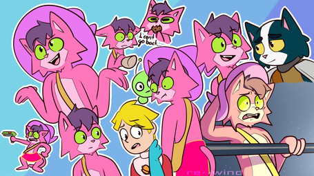 ambiguous_gender anthro backpack blonde_hair blue_background blue_body blue_fur bottomwear candy chocolate chocolate_chip_cookie chocolate_chips clothing cookie dessert food fur gloves green_body green_eyes group gun hair handwear hat headgear headwear male pink_body pink_fur pink_nose purple_hair ranged_weapon shorts simple_background spacesuit weapon white_body white_fur witch_hat yellow_eyes re_wiind final_space netflix the_midnight_gospel avocato clancy_gilroy gary_goodspeed mooncake_(final_space) alien domestic_cat felid feline felis human mammal ventrexian 2020 signature