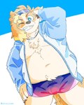 anthro bare_chest belly blonde_hair bottomwear bulge clothed clothing grin hair jacket male navel one_eye_closed open_clothing open_jacket open_topwear shorts slightly_chubby smile solo topwear wink ottyo_kope lifewonders live_a_hero hisaki_(live_a_hero) canid canine canis domestic_dog mammal hi_res