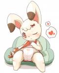 anthro bean_bag big_ears biped blush clothing diaper female fur heart_symbol one_eye_closed plushie ribbons simple_background sitting solo white_body white_fur young young_anthro mei_(artist) lagomorph leporid mammal rabbit 2017 hi_res