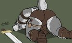 anthro boots bound bulge butt clothing footwear fur grey_body grey_fur hands_behind_back knife male melee_weapon rope shoes solo submissive submissive_male sword weapon white_body white_fur cheotdo canid canine canis mammal wolf hi_res