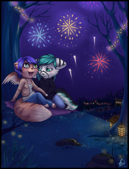 black_border border breasts duo female female/female fireworks grass lamp lantern lights night plant rock tree solapi_(artist) domestic_cat felid feline felis mammal absurd_res hi_res
