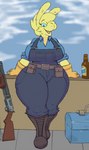 alcohol anthro beer belt beverage big_breasts blue_eyes boots breasts clothing ear_piercing ear_ring female footwear fur gloves handwear huge_thighs leaning_on_wall looking_at_viewer low_wall overalls pear-shaped_figure piercing ring_piercing shoes smile smiling_at_viewer solo thick_thighs weapon wide_hips yellow_body yellow_fur delfucko goatonomous headbutterz third-party_edit team_fortress_2 valve engineer_(team_fortress_2) miss_b camelid lamoid llama mammal hi_res