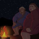 age_difference anthro bodily_fluids campfire clothing duo genital_fluids genitals leaking_precum looking_at_viewer looking_back looking_back_at_viewer male male/male mature_male mongolian_clothing night overweight overweight_male penis precum robe sitting mckenzie_(artist) minotaur_hotel khenbish_(minotaur_hotel) mammal suid suine sus_(pig) wild_boar 1:1 hi_res