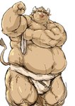 anthro asian_clothing belly bodily_fluids brown_body bulge clothing east_asian_clothing horn humanoid_hands japanese_clothing kemono male mawashi obese obese_male overweight overweight_male simple_background solo sumo sweat towel white_background kotobuki bovid bovine cattle mammal 2021 hi_res