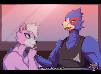 5_fingers anthro beak black_nose blue_body blue_eyes blue_feathers blush clothing duo eyebrows eyelashes eyeshadow feathers female fingers fur gesture hair half-closed_eyes hand_gesture inner_ear_fluff makeup male narrowed_eyes open_mouth pink_body pink_fur pointing purple_eyes red_body red_feathers shirt smile text topwear tuft white_body white_fur white_hair atypi nintendo star_fox falco_lombardi katt_monroe avian domestic_cat felid feline felis mammal 2018 absurd_res english_text hi_res