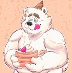 anthro belly birthday_cake black_nose blue_eyes cake clothing dessert food hat headgear headwear male moobs nipples overweight overweight_male party_hat simple_background solo tongue tongue_out white_body 06junior11 bear mammal 2024 hi_res