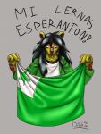 anthro black_hair clothed clothing dialogue esperanto_flag flag flag_(object) grey_background hair holding_flag holding_object looking_at_viewer purple_eyes simple_background smile solo tan_body text armeddillo armadillo mammal xenarthran 2015 constructed_language digital_drawing_(artwork) digital_media_(artwork) esperanto_text hi_res signature translated