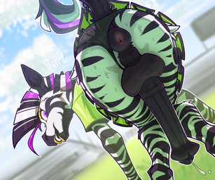 animal_genitalia animal_penis anthro anus backsack balls bent_over big_anus big_balls big_penis black_body black_fur black_stripes bodily_fluids bottomwear butt clothed clothing clothing_aside crossdressing crossdressing_male dominant equine_anus equine_genitalia equine_penis erection fur genital_fluids genitals huge_penis lips lipstick looking_at_viewer looking_back looking_back_at_viewer makeup male mohawk penis precum precum_squirt presenting presenting_hindquarters puffy_anus skirt smile solo striped_body striped_fur stripes tail underwear underwear_aside white_body white_fur yellow_lips yellow_lipstick ralek alhazred_(ralek) equid equine mammal zebra hi_res