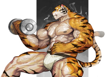 abs anthro areola arm_scar biceps big_muscles biped bodily_fluids claws clothed clothing dripping dumbbell exercise finger_claws fur holding_object huge_muscles male mouth_scar muscular muscular_anthro muscular_male orange_body orange_fur pecs scar solo striped_body striped_fur stripes sweat topless underwear vein veiny_muscles weightlifting weights white_clothing white_underwear workout traver009 coach_ho felid mammal pantherine tiger absurd_res hi_res