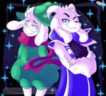 anthro blue_clothing clothing crossed_arms duo eyewear fur glasses green_clothing hat headgear headwear male one_eye_closed purple_clothing scarf smile sparkles sparkling_background white_body white_clothing white_fur y2k_(graphic_design) amanddica deltarune undertale undertale_(series) asriel_dreemurr ralsei boss_monster_(undertale) bovid caprine darkner goat mammal 2018 hi_res