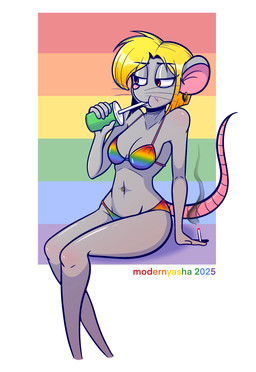 anthro bikini blonde_hair blush cigarette clothing container cup drinking_straw ear_piercing ear_ring female glistening_eyelids grey_body hair lgbt_pride lit_cigarette navel navel_piercing navel_ring piercing pink_nose pink_tail pride_colors red_eyes ring_piercing round_ears segmented_tail smoke solo swimwear tail two-piece_swimsuit whiskers modernyasha lauren_(modernyasha) mammal mouse murid murine rodent absurd_res dated hi_res signature