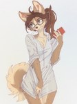 5_fingers anthro breasts brown_body brown_fur brown_hair brown_tail cellphone clothed clothed_anthro clothed_female clothing countershade_torso countershading electronics eyewear female fingers front_view fur glasses green_eyes hair holding_cellphone holding_object holding_phone inner_ear_fluff phone simple_background smile solo standing tail teeth tuft yshanii cotton_(yshanii) canid canine canis dingo mammal 2025 digital_media_(artwork) hi_res
