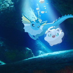 ambiguous_gender blue_body blue_eyes bubble duo feral happy open_mouth pink_body smile tail teal_eyes underwater water aya_popo_ponzu nintendo pokemon eeveelution generation_1_pokemon jigglypuff pokemon_(species) vaporeon waddling_head 1:1 2026