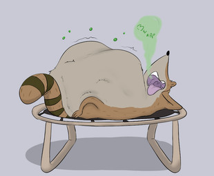 abdominal_bulge anthro anthro_pred belly big_belly brown_body brown_fur burp_cloud burping fur huge_belly lying male male_pred motion_lines on_back open_mouth simple_background soft_vore solo tail teeth tongue tongue_out trampoline uvula vore da~blueguy cartoon_network regular_show rigby_(regular_show) mammal procyonid raccoon 2026