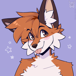 anthro black_eyebrows blep blush blush_lines brown_body brown_ears brown_eyes brown_fur brown_nose cheek_tuft countershading cute_fangs eyebrows facial_tuft fangs fur hair inner_ear_fluff logo looking_away male multicolored_body multicolored_fur orange_body orange_fur orange_hair simple_background smile solo star teeth text tongue tongue_out tuft white_body white_fur white_inner_ear_fluff fleurfurr canid canine fox mammal 1:1 2024 artist_logo artist_name bust_portrait english_text hi_res icon portrait