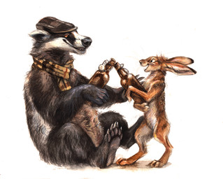 alcohol ambiguous_gender beer beverage black_lips black_nose bottle claws clothing container duo eye_contact feet feral fur hat headgear headwear hindpaw inner_ear_fluff lips long_mouth looking_at_another mostly_nude no_sclera orange_eyes pawpads paws scarf simple_background sitting smile toasting toe_claws tuft whiskers white_background kenket badger hare lagomorph leporid mammal mustelid musteline 2016 absurd_res hi_res painting_(artwork) portrait traditional_media_(artwork) traditional_painting_(artwork)