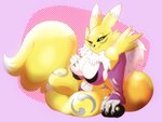 anthro bedroom_eyes big_breasts breasts chest_tuft female hand_on_breast looking_at_viewer narrowed_eyes seductive sitting solo tuft solratic bandai_namco digimon canid digimon_(species) mammal renamon 4:3 hi_res