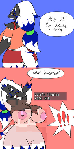 accessory anthro areola big_breasts bottomwear bra breasts clothing female genitals hair hair_accessory illusion looking_back nipples nude nude_female plump_labia pokemorph presenting presenting_breasts shirt shorts solo tail text topwear underwear vulva rayoshi_(artist) bra_strap_showing_(meme) nintendo pokemon zarx_(rayoshi) canid canine fox generation_5_pokemon mammal pokemon_(species) zoroark 1:2 absurd_res comic english_text hi_res meme