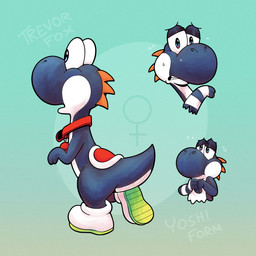 bell bell_collar black_body blue_eyes bodily_fluids boots clothing collar female female_symbol flying_sweatdrops footwear gender_symbol red_collar saddle shoes solo spikes spikes_(anatomy) sweat sweatdrop symbol text trevor-fox mario_bros nintendo trevor-fox_(character) black_yoshi dinosaur prehistoric_species reptile scalie yoshi 1:1 hi_res nonbinary_(lore)