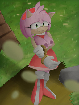 accessory anthro blush boots bracelet breasts clothing dress female footwear gloves green_eyes hair_accessory hairband handwear jewelry nervous nervous_smile nipples pink_body pink_nipples shoes smile solo sinestudio sega sonic_the_hedgehog_(series) amy_rose mammal hi_res