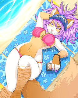 anthro baseball_cap beach bikini biped breasts camera cellphone clothed clothing detailed_background electronics female flashing hair hat headgear headwear high-angle_view looking_at_viewer lying navel on_back on_towel outside phone pink_nose purple_eyes purple_hair sand seaside seductive skimpy smartphone solo swimwear towel two-piece_swimsuit water kammymau felid mammal 4:5 hi_res